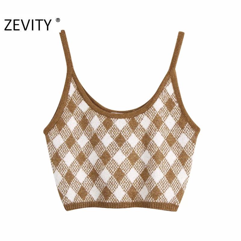 

Zevity New Women Vintage Geometric Print Knitting Sling Sweater Female Basic Spaghetti Strap Short Vest Chic Crop Tops S456, As pic s456bb