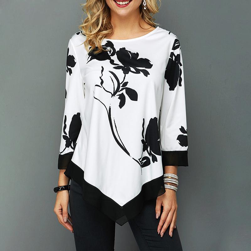 

Plus Size 5XL Irregular Hem Long Blouse Tops Women Leisure Floral Print Spring Autumn Casual Round Neck Long Sleeve Tunic Shirts, Black