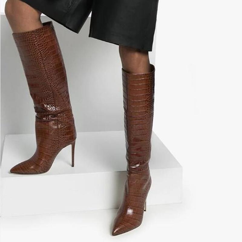 

Sexy Snakeskin Leather Knee High Boots Stiletto Heels Pointed Toe Winter Tall Boots Brown Pink Python Printed High