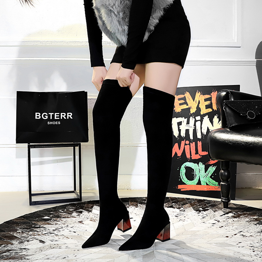 

2021 New arrive suede leather over the knee boots stiletto high heels thigh high boots women pointed long shoes, Black