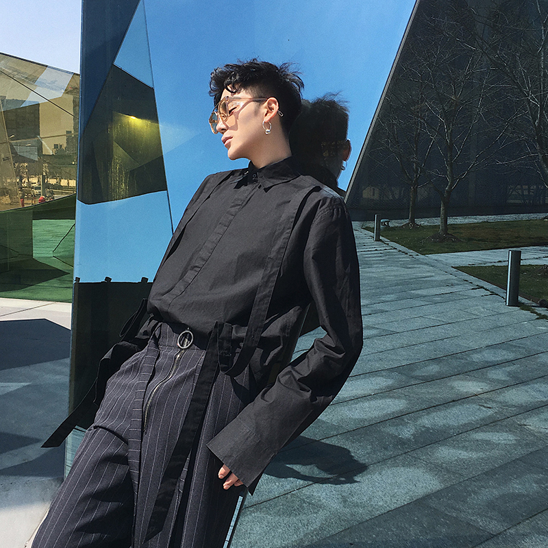 

2021 New S-6xl!! Fashion Big Make Long-glove Impression of Men Occasional Korean Version Shirt Loose Black Personality Inches PUBS