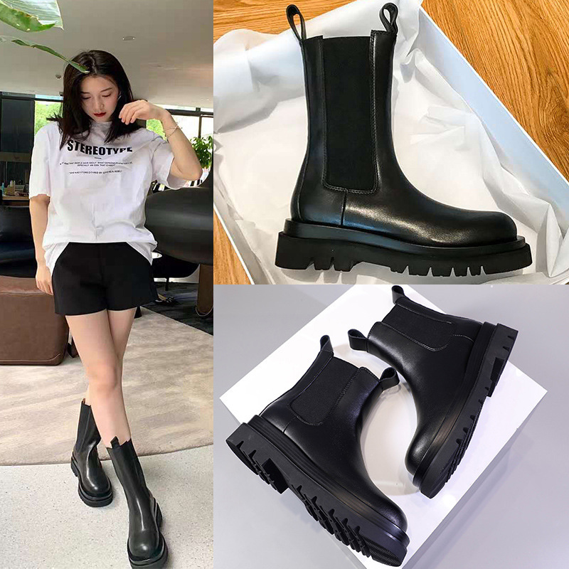 

Mona net red smoking boots boots women's Cowhide fall 2020 British style skinny short, See chart