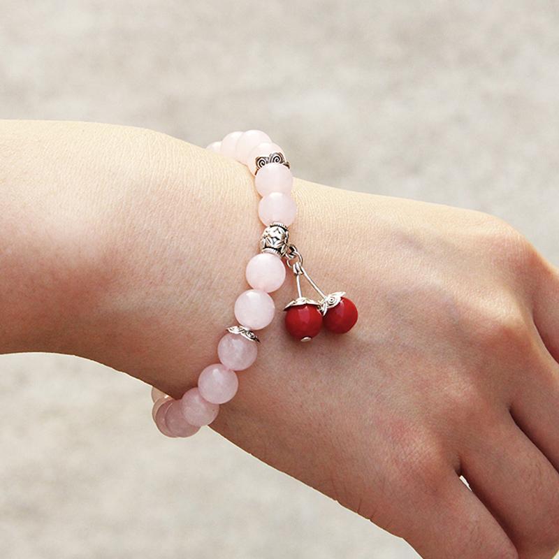 

Handmade Natural Pink Quartz Crystal Beads Bracelet 8mm Colorful Agat Stone Bracelet Red Cute Cherry Pendant for Women