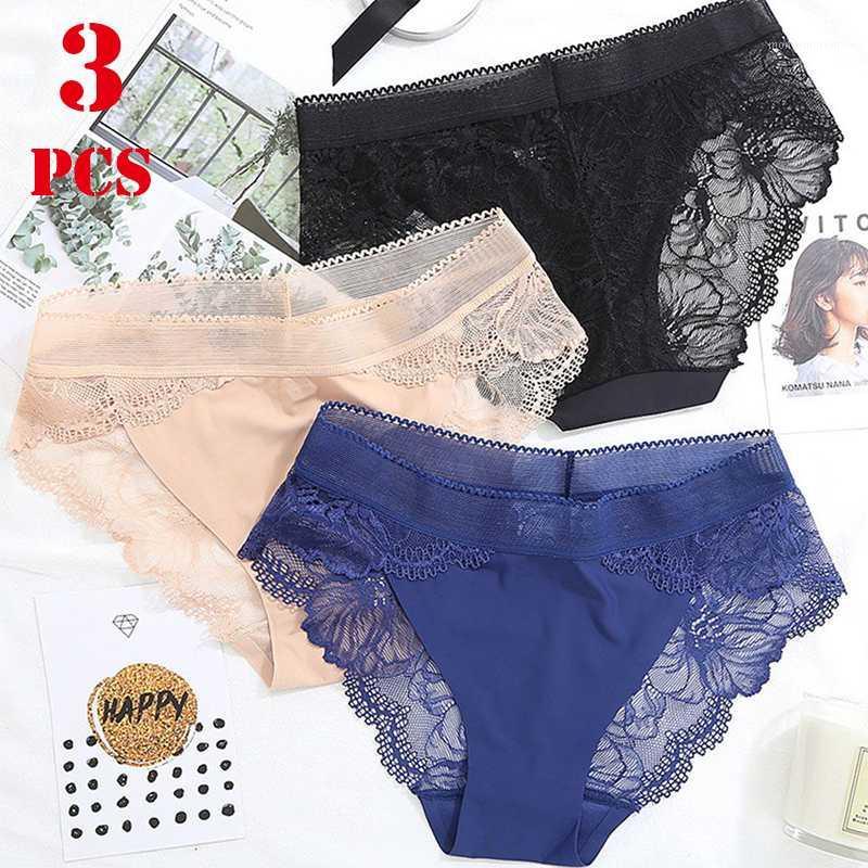 

3Pcs Women's Panties Plus Size Lace Sexy Panty Briefs Low Waist Underwear Ice Silk Seamless Panties Hollow Out Lingerie Calcinha1, Black apricot red
