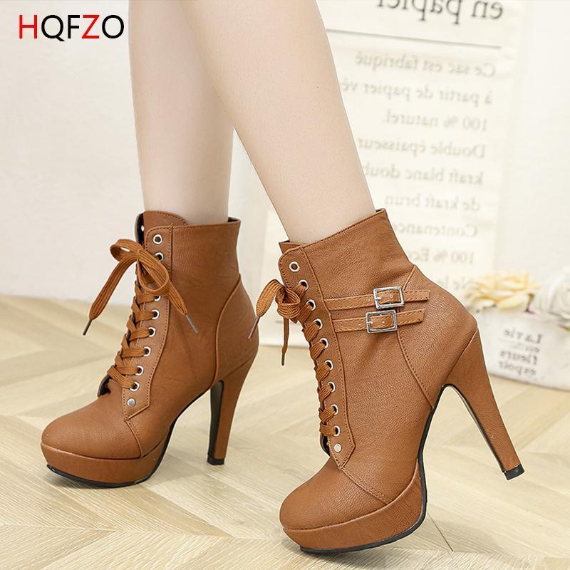 

HOFZO Cross Tied Platform Sexy High Heels Platform Ankle Boots For Women Para Mulheres Motorcycle Thin Heels Lace Up Shoes Woman1, Beige