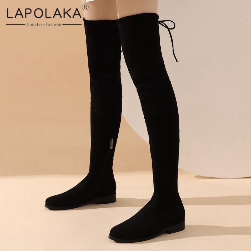 

Lapolaka 2020 New Design Thigh High Boots Women Shoes Thick Low Heels Comfy Zipper Trendy Black INS Hot Shoes Ladies Boots, Black flock