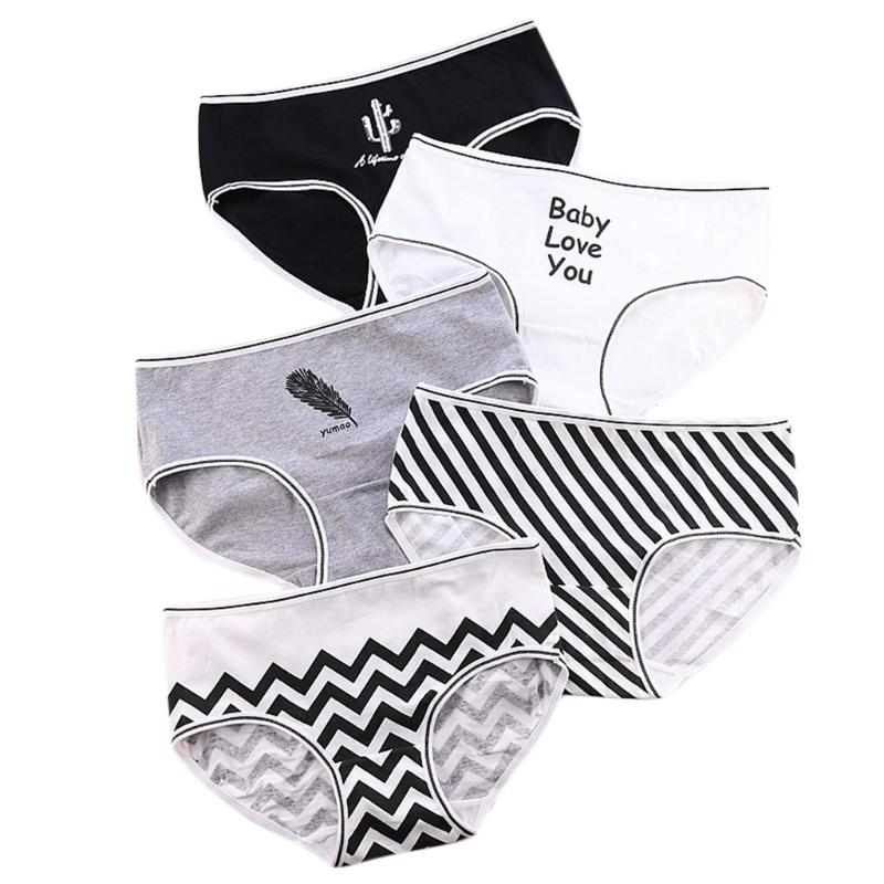 

5Pcs Nordic Women Stripes Letters Underwear Mid-Rise Cotton Seamless Panties, As pic