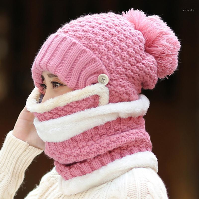 

3 Pcs/set Winter Women Hats With Breathing Mask 2in1 Knitted Cap Girl Pompoms Hat Warm Plush Lined Neck Scarf1, Beige