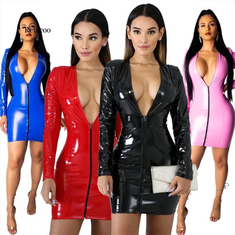 

Casual Dresses Women PU Leather Zippers Faux Dress High Elasticity Sheath Deep V Neck Short1, Black