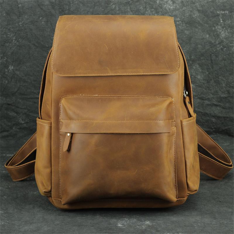 

Nesitu High Quality New Vintage Brown Thick Durable Genuine Crazy Horse Leather 14'' Laptop Men's Backpack Male Travel Bags M0321