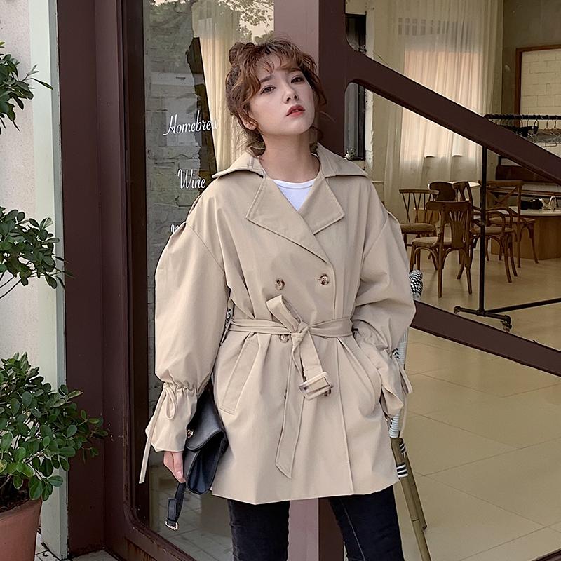 

Korean Style Tie Drawstring A-line Trench Coat Female 2020 Autumn New Solid Double-breasted Long-sleeve Loose Slim Trench Coat, Black