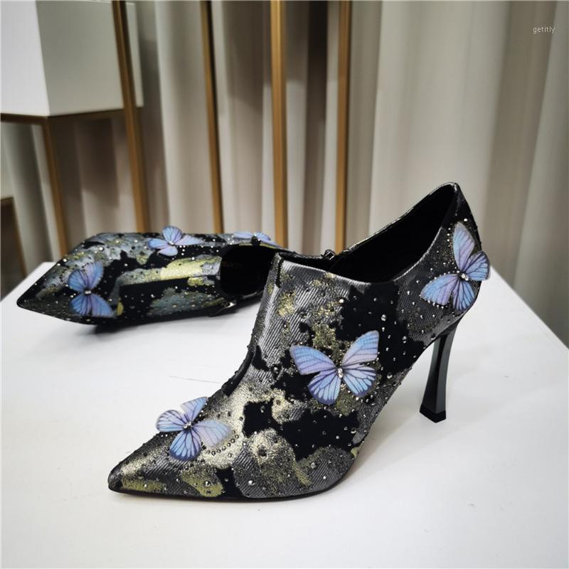 

Womens Pointy Toe Rhinestones Crystal 3D Butterfly Ankle Boots Stilettos High Heel Shoes Sexy 2Colors New 2021 Zapatos De Mujer1, Beige