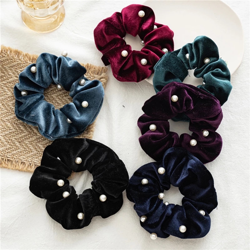 

New Pearls Velvet Hair Scrunchie Plain Elastic Bands Women Rubber Hair Ties Headwear Ponytail Holder Girls Hair Accessories