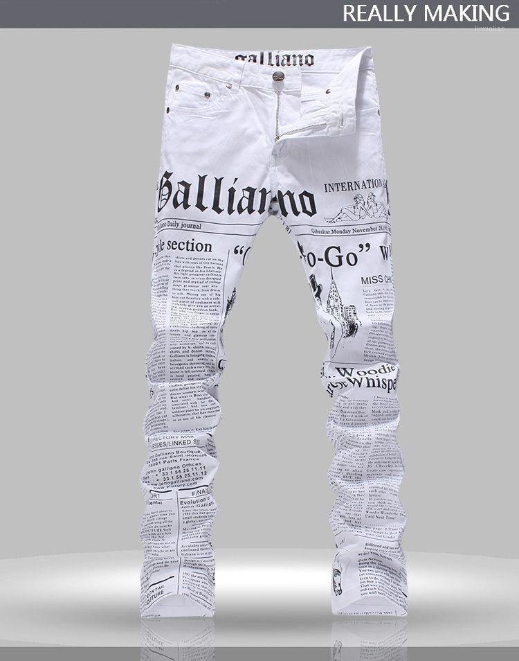 

Wholesale-Hot Men's John Males Galliano Top Quality Punk Rock Nightclub DS DJ Newspaper printed pattern Slim Jeans Motorcycle Jeans1, White