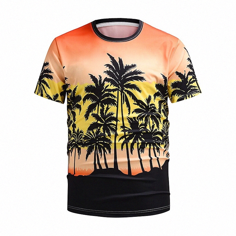 T-shirt Hommes 3D Imprimer Coconut Arbre Col Col Casual Holiday 3D Imprimé à manches courtes Tops occasionnels Tropical Hawaiian Gentleman Orange