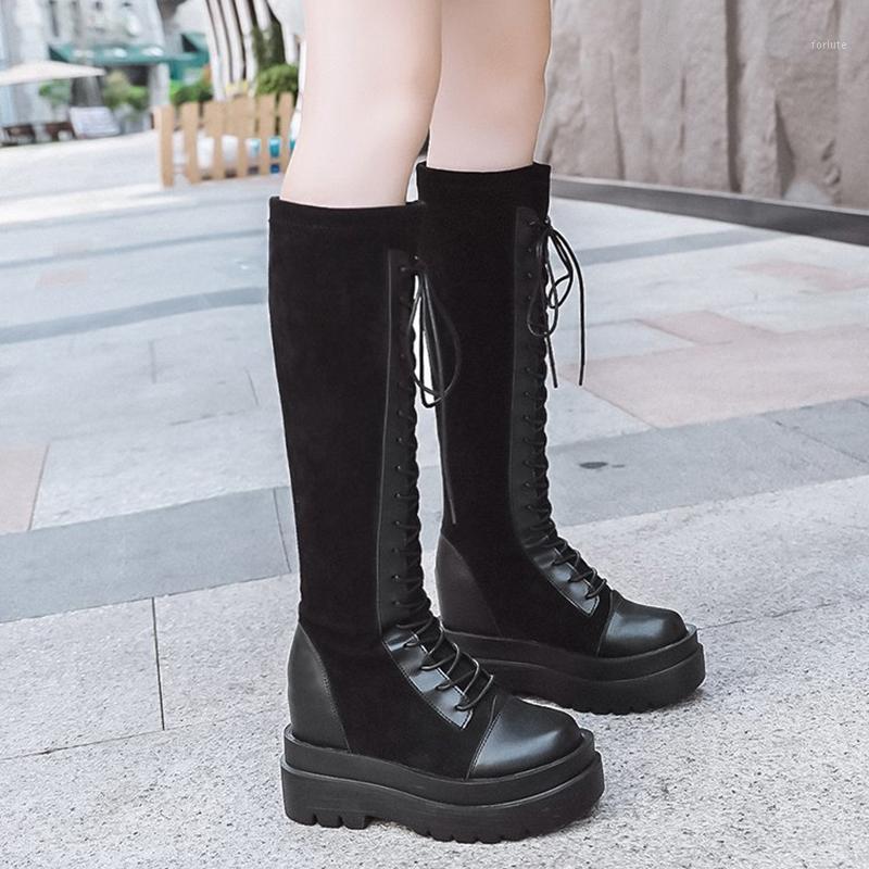 

2020 Autumn Winter Women Chunky Knee High Boots Height Increasing Thick Sole Long Boots Female Lace Up Platform Booties1, Beige