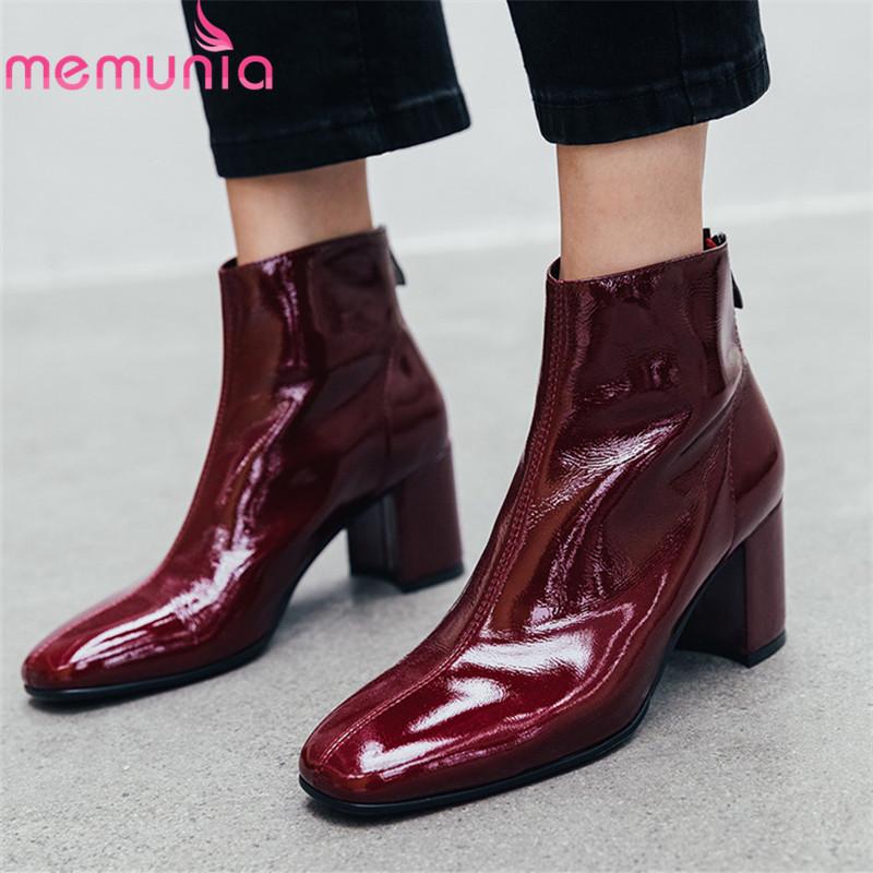 

MEMUNIA 2020 top quality patent leather ankle boots for women zipper high heels autumn boots fashion dress party shoes woman, Beige
