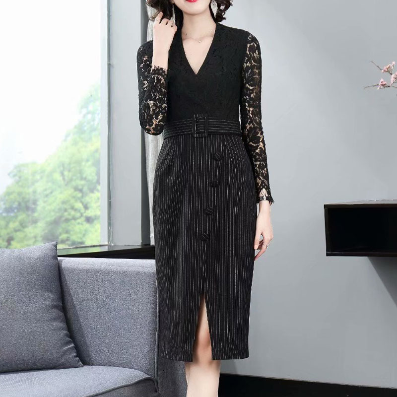 

2021 New Fall Sexy V-neck Stripe Ribbon Long-sleeve Belt Self-cultivation Temperament Elegant Dress High Quality Female Y0uh, Black