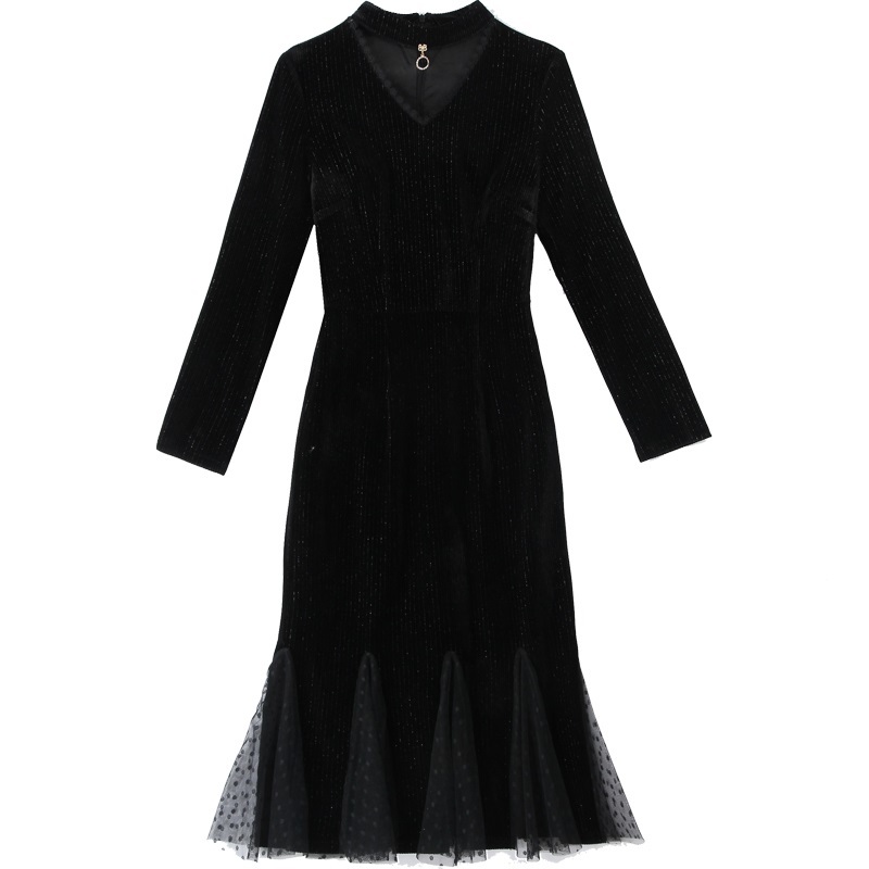 

2021 New Spring Autumn Vintage Elegant Corduroy Mesh Splice Party Women Long Sleeve Robe Femme Black Casual Ckcj