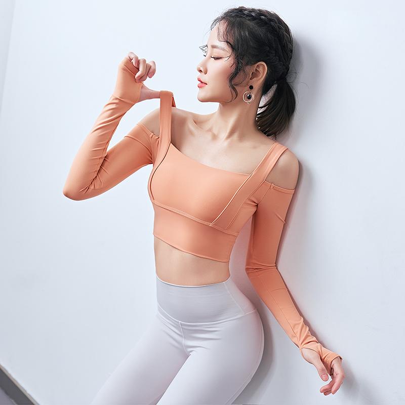 

Strapless small fragrant sling sexy long-sleeved T-shirt short umbilical cord breast pad yoga clothes stretch tight yoga clothes, Black