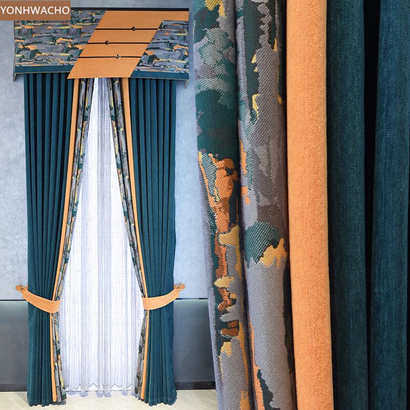 

Custom curtain Chenille living room luxury American orange Dark green thick cloth blackout curtain valance tulle panel C463