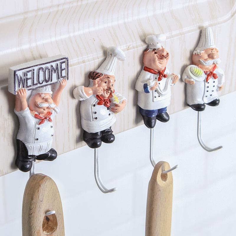 

4 pcs Creative Resin Chef Shape Stainless Steel Hooks Wall Door Coat Hat Hanger Kitchen Sticky Seamless Paste Tight Towel Hooks