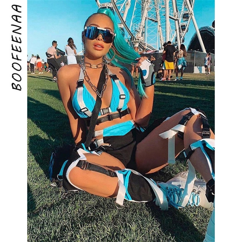 

BOOFEENAA Sexy Two Piece Set Summer 2pcs Short Set Crop Top Biker Shorts Matching Sets Festival Clothing Female Outfits C87-AE28 T200704, Blue