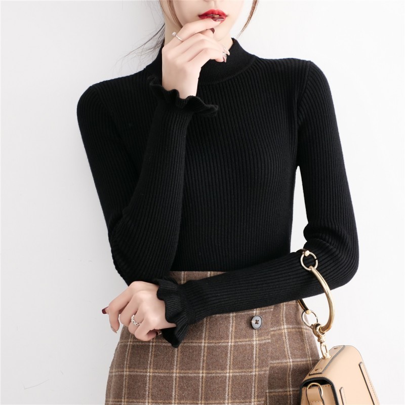 

Turtleneck Cut-off Pullover Women's Nightgown Winter Thicken Fungus Long Harvest Tops Knitted or Crocheted Jersey Clothes Emze, White