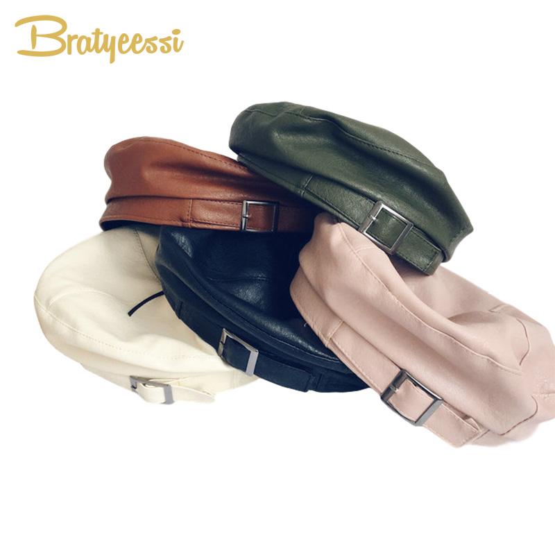 

New Kids Hat for Girls Faux Leather Autumn Winter Kids Cap Adjustable Children Boys Hats Beret Cap Accessories, Beige