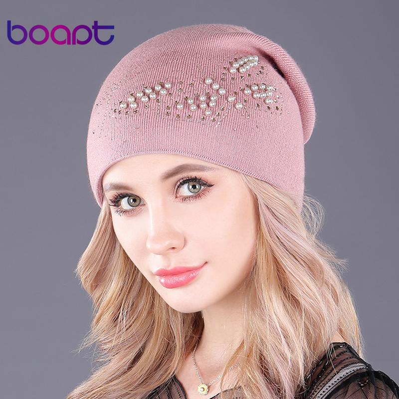 

boapt] pearl butterfly beanie double-deck cashmere knitted caps for women hats warm winter hat fashion female skullies beanies, 3a501 brown