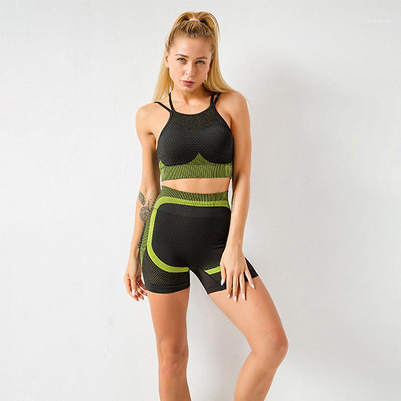 

Sexy Women Gym Set Seamless High Waist Compression Pants Women Hollow Out Sport Bra 2 Piece Set Workout Wear1, Blue