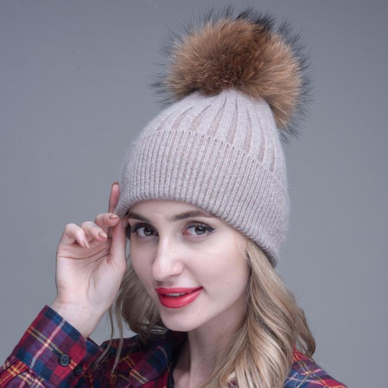 

Janefur Ladies Fashion Angora Beanie Hat Women Winter Soft Fur Gorros Raccoon Fur Pompom Cap, Black