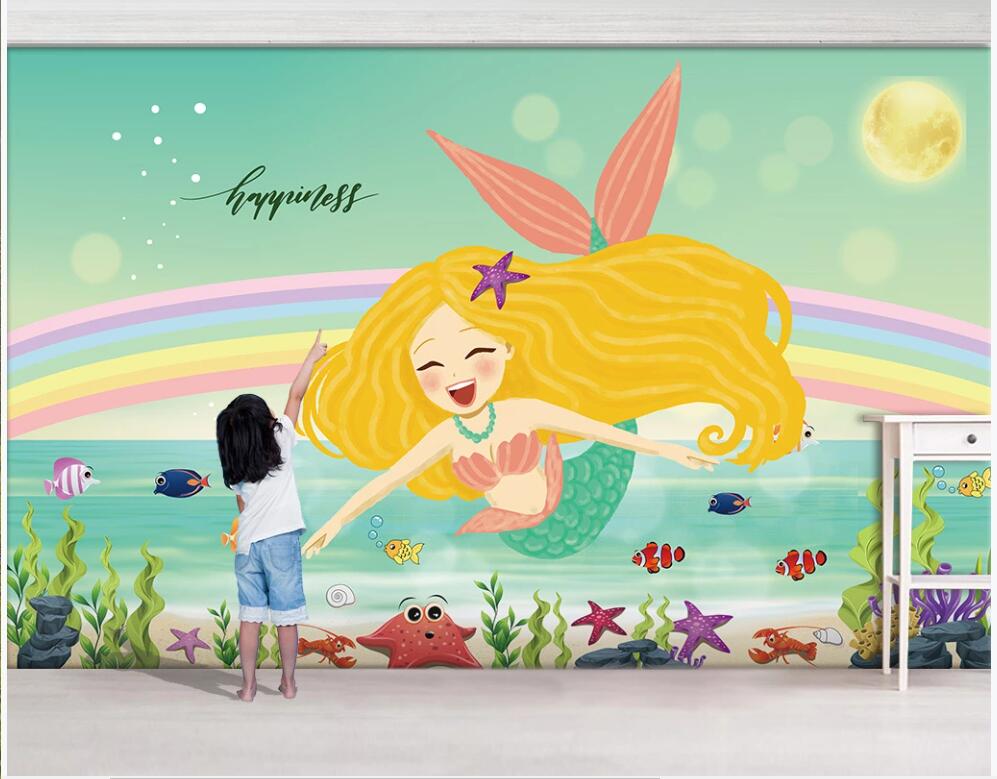 

custom photo mural 3d wallpaper Cartoon Mermaid Princess Rainbow Ocean Children's room decor 3d wall muals wall paper for walls 3 d in rolls, Non-woven wallpaper