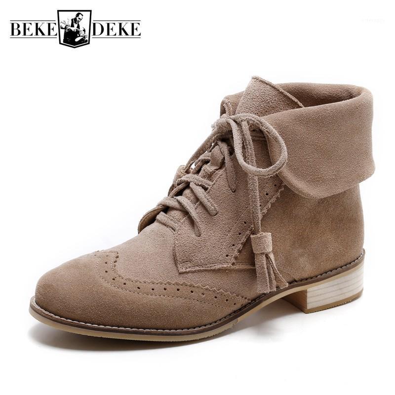 

Vintage Women Cow Suede Leather Ankle Boots Lace Up Tassels Autumn Western Boots Low Heels Ladies Retro Wing Tip Shoes Botas1, Brown normal