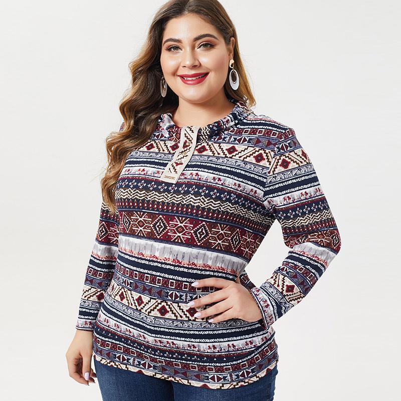 

2020 Autumn Womens Long sleeve Printed T shirt fashion ladies Vintage elegant Round neck mom Plus Size Tops, Multi