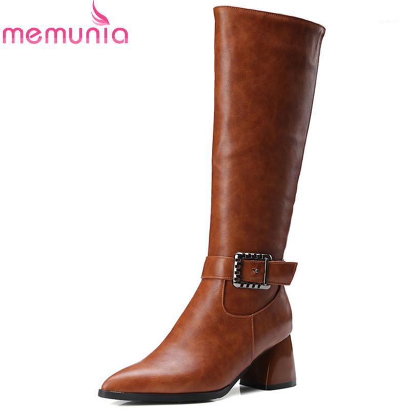 

MEMUNIA 2020 big size 48 women knee high boots pointed toe autumn winter boots buckle zip square heels fashion shoes ladies1, Black