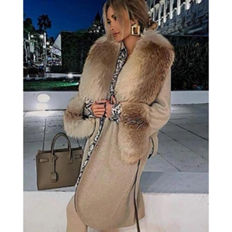 

Elina Fashion Faux Fur Collar Wool Coats Women Elegant Tie Belt Waist Jackets Women Slim Mid Length Coats Ladies, Khaki