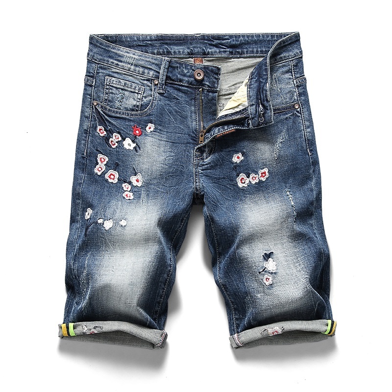 

2021 New Embroidery of Men Apply Flower Short Jeans Bermuda Brand Clothes Will See 98% Cotton Retro-male Breathable Denim Shorts Ttc8, Blue