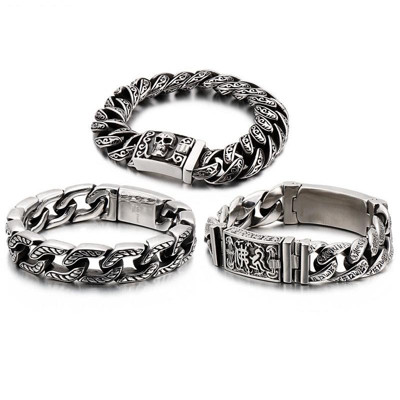 

Punk Charm Skull Bracelet Mens Vintage Hiphop Stainless Steel Mysterious Symbol Biker Curb Cuban Link Chain Armband Jewelry