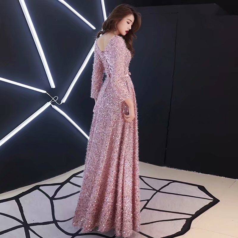 

2021 New Party Long Sleeves Shiny Sequins Evening Dresses Lace to Floor 241A, Pink.