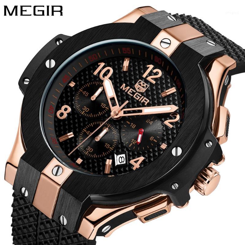

Wristwatches Fashion Megir Mens Watches Top Rose Gold Watch Men Army Chronograph Quartz Sport Wristwatch Man Clock 20211, Black