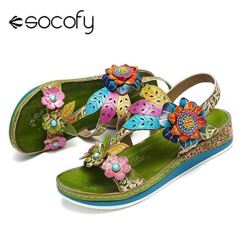 

SOCOFY Comfortable Genuine Leather Sandals Flowers Pattern Splicing Stitching Floral Hook Loop Sandals Retro Shoes Women Y200405, Green