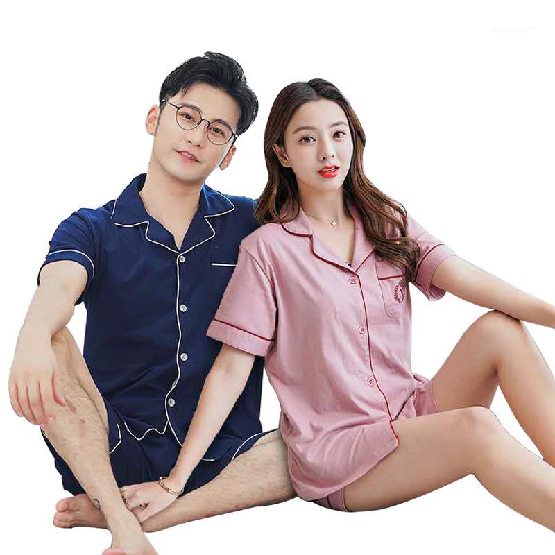 

Men's Pajama Set 100% Cotton Short Sleeve Sleepwear Women's Pyjama Home Clothes Soft Comfortable Pajamas For Couples 2Pieces/set1, Navy men