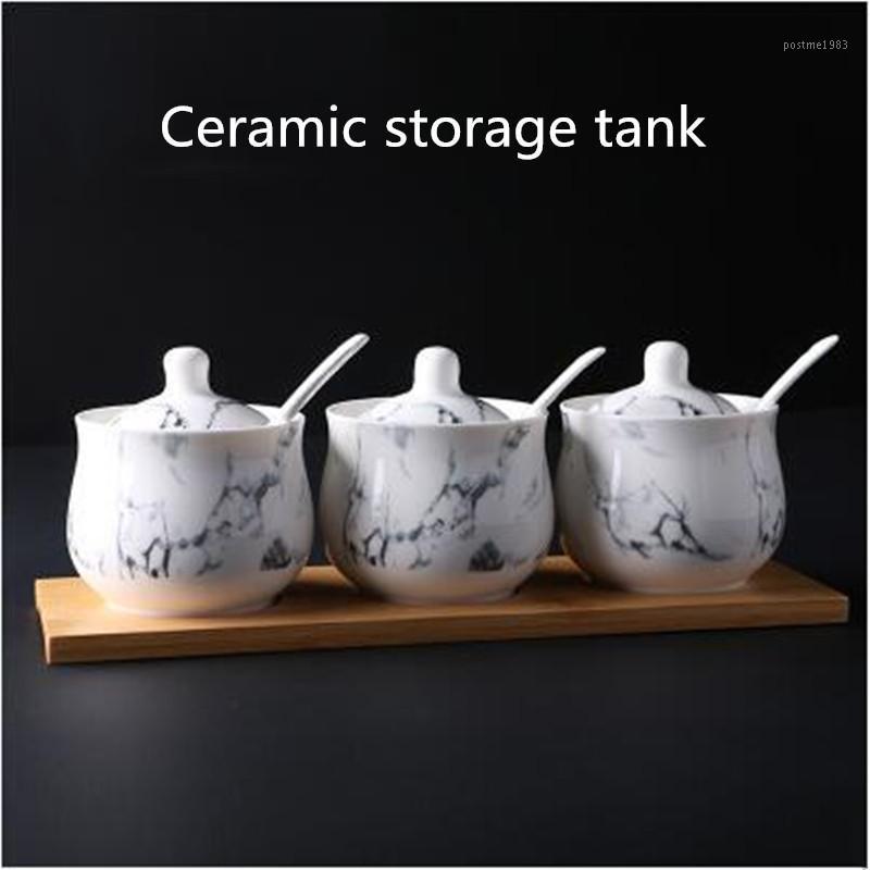 

Home restaurant simple ceramic seasoning jar three-piece kitchen flavoring spice jar set household storage tank1