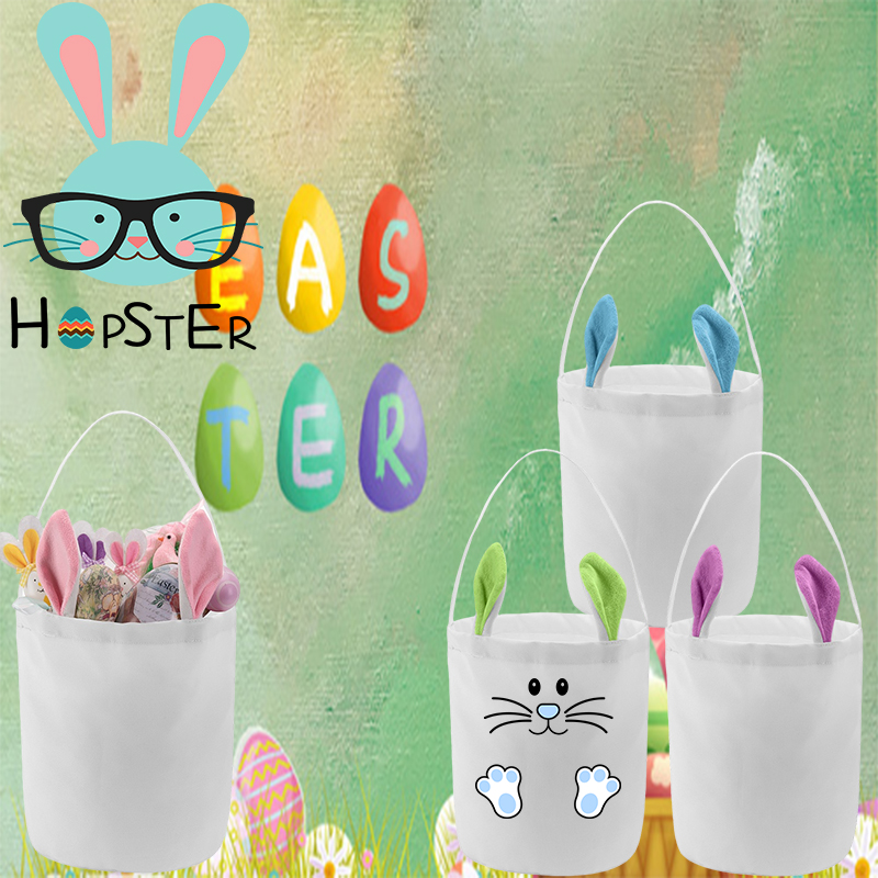 Sublimation Panier de Pâques Festif Personnalisé Polyester Pâques Chasse aux Oeufs Seau Fuzzy Longues Oreilles Lapin Easket Enfants Jouet Sac Fou