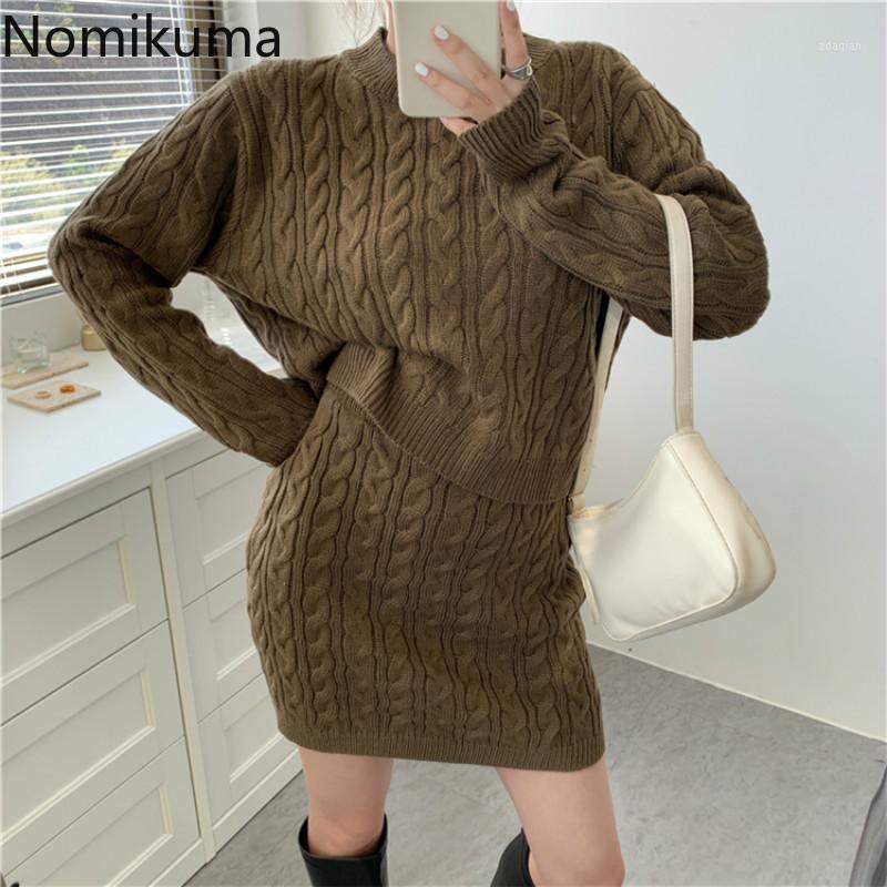 

Nomikuma Winter Korean Twisted Knitted 2piece Sets Long Sleeve Pullover Sweater + High Waist Mini Slim Skirt 2020 New 6D5401, Khaki