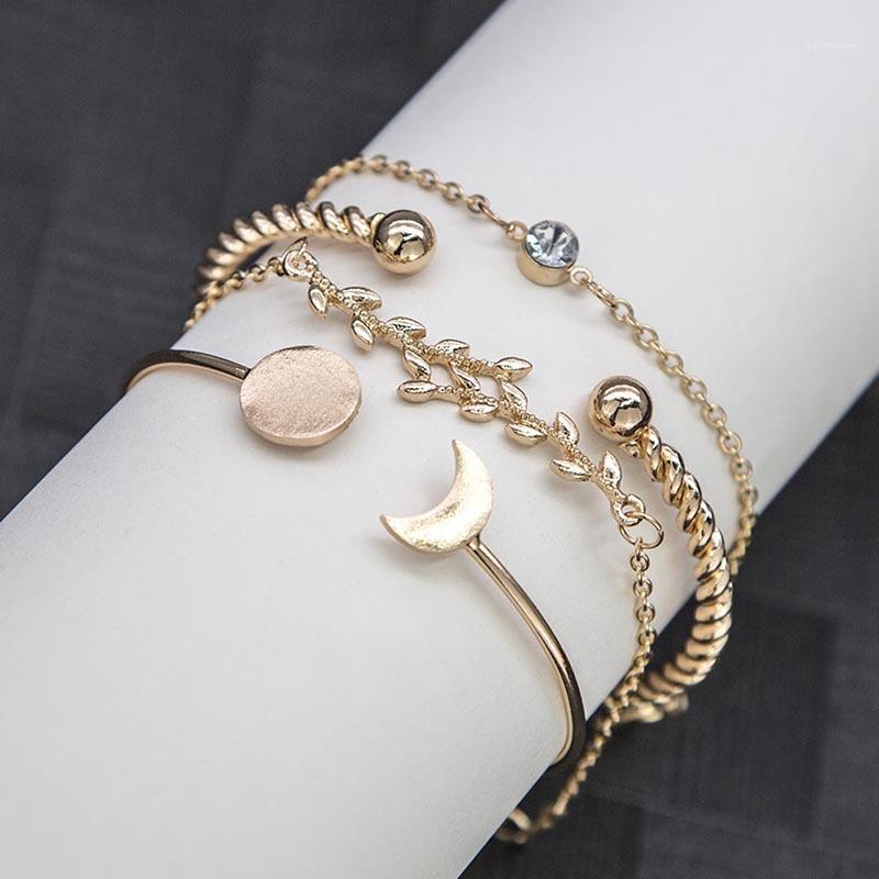 

New-coming 4 Pcs/Set Women Bracelets Leaves Moon Opening Bangle Chain Fashion Bracelets For Women Dropship Pulseira Masculina1