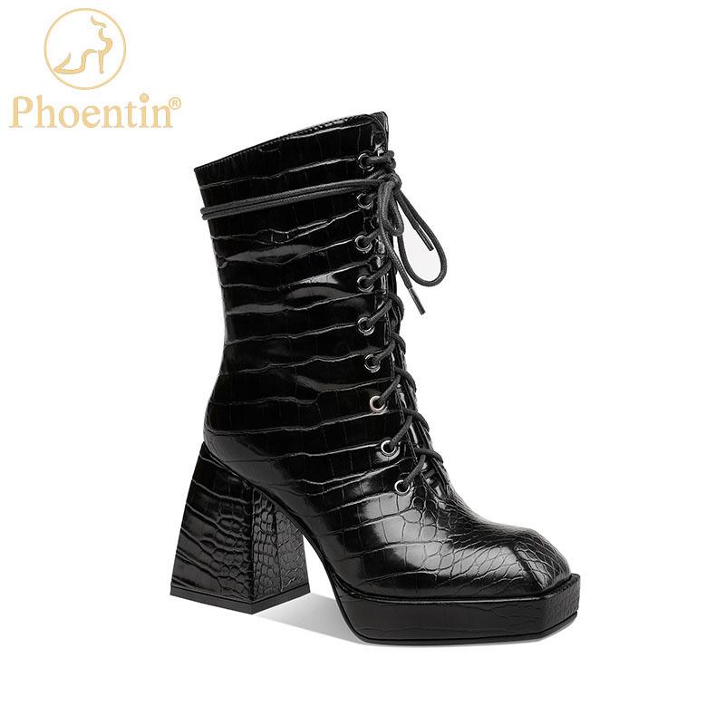 

Phoentin Women's autumn boots western Platform boots side zip closure chunky high heels cross tied women's shoes 2020 FT1169, Black