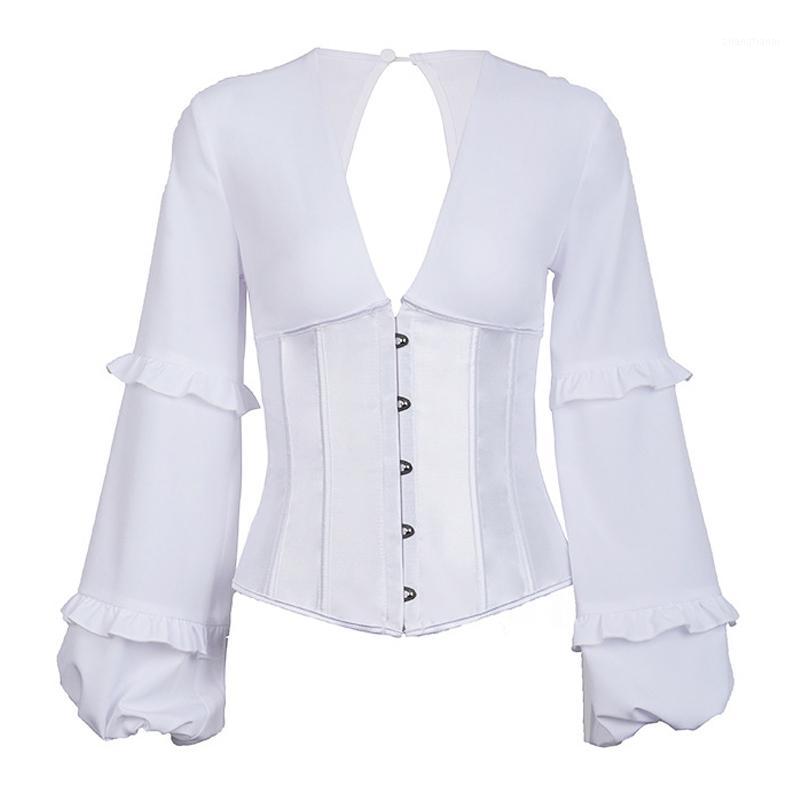 

Vintage Corset Womens Shirts Sexy Bustier Long Sleeve Black Gothic Tops Lace Up Korsefor Women White Shirt Female Blouses1