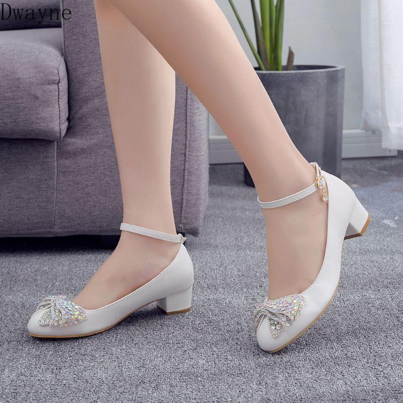

Womens Shoes 3cm Low Heel High Heels Square Heel Round Head Single Shoes Rhinestone Bow White Wedding Banquet Dress Pumps, 02 white 3.5 cm